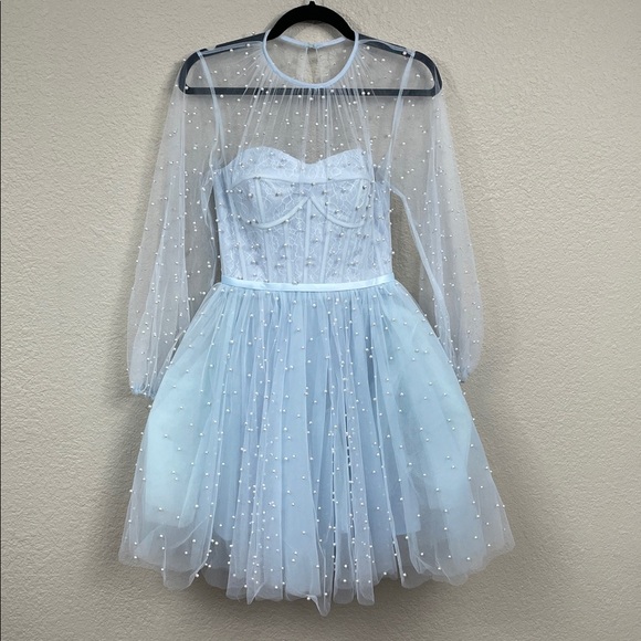 New Mac Duggal Sample Fit Flare Mini Corset Dress Light Blue Pearl Accent Sz 2 - Picture 2 of 14